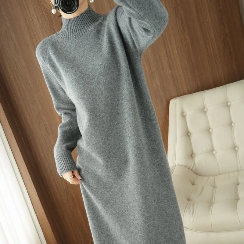 Custom Hot Sale Korean Fashion Lady Winter Thick Warm Loose Casual Dresses Women Knit Pullover Maxi Long Sweater Dress