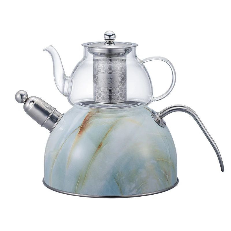 3L&0.7L Transparent Fast Heating Double Stainless Steel Food Grade Glass Tea Pot And Whistling Tea Kettle