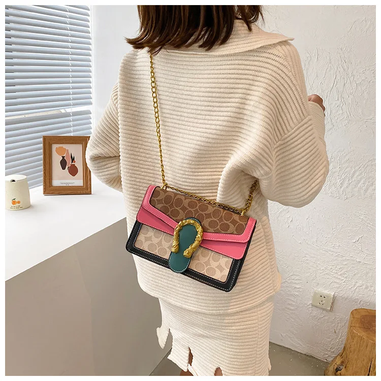 Trend ladies side bags for girls shoulder chain,Vintage square stainless steel gold chain bag