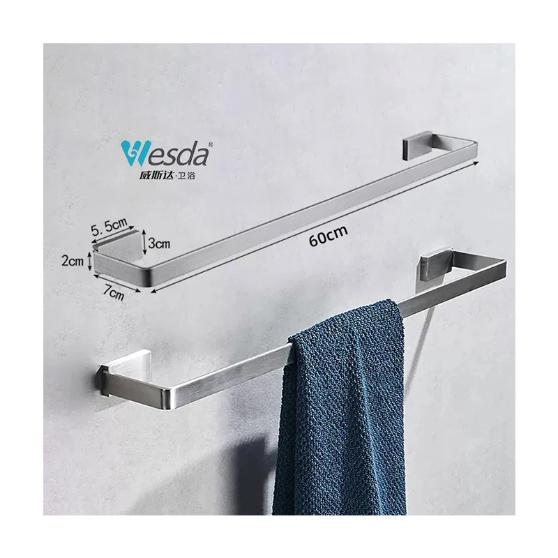 WESDA Luxury Modern Design Stainless Steel Single Towel Holder Bar Bathroom Wall Mounted Square Towel Rail