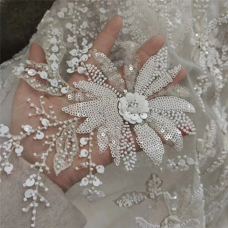 Роскошная вышивка блесток Бисероплетение 3D Цветочная Свадебная кружевная ткань