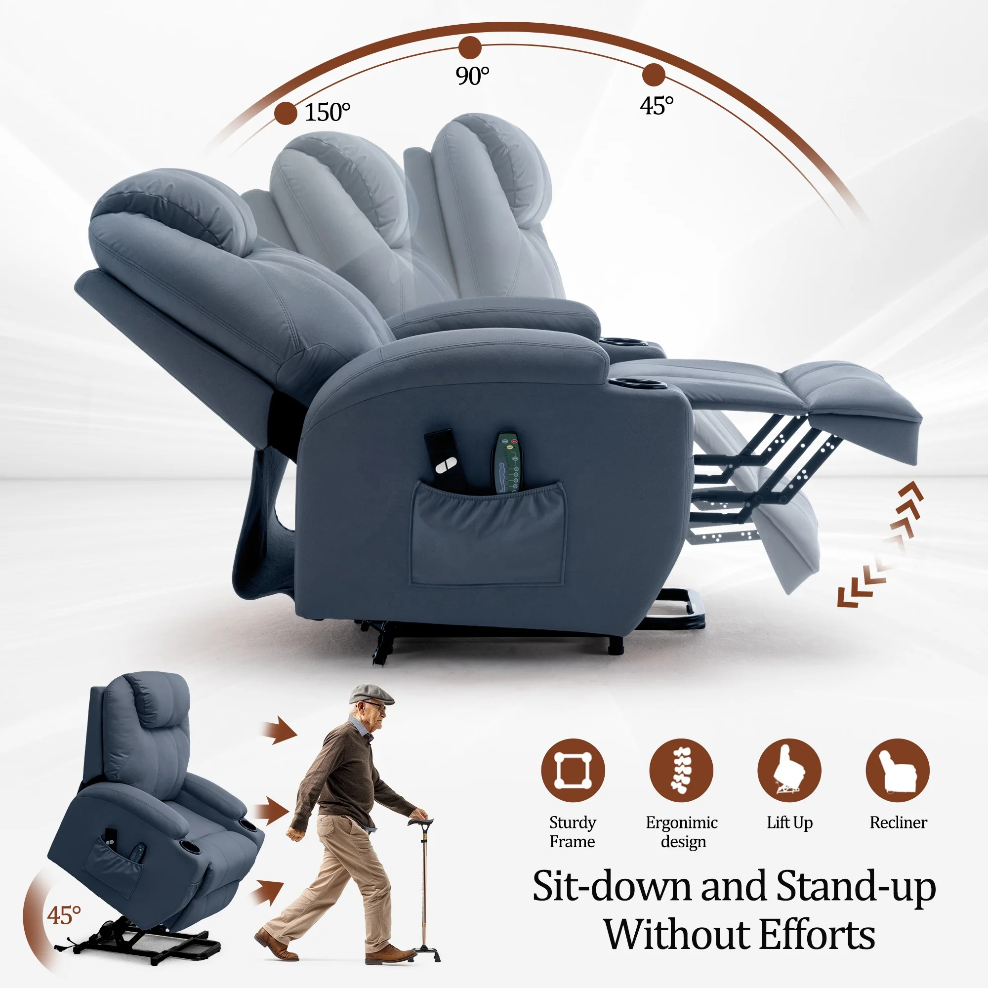 Modern Home Electric Power Solid Wood Rise Lift Single Leather Massage Heated Recliner Sofa Chair