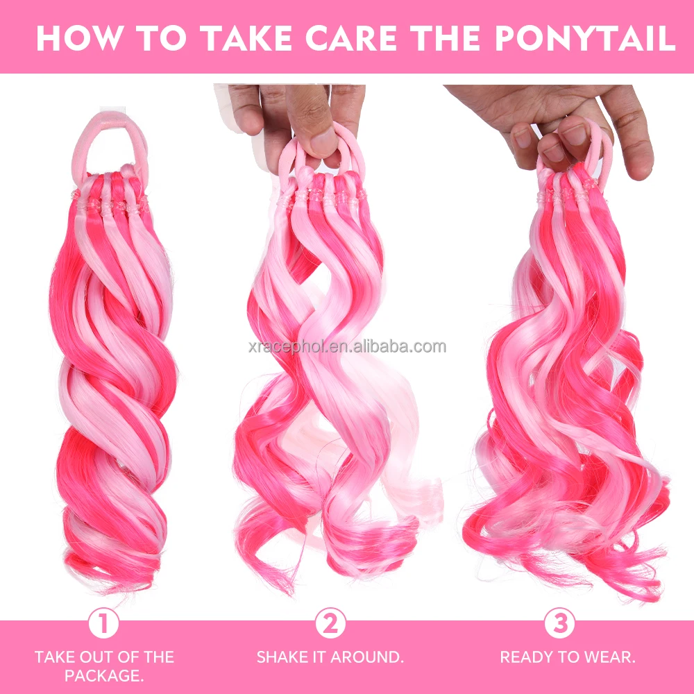Wholesale Blue Pink 2 Pcs Curled Kids Ponytail Hair Extension for Christmas Party