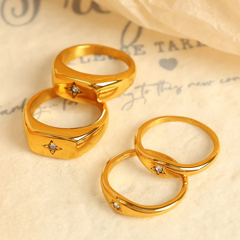 Wholesale Ready to Ship stainless steel ring CZ zircon star geometric shaped gold plated finger rings set