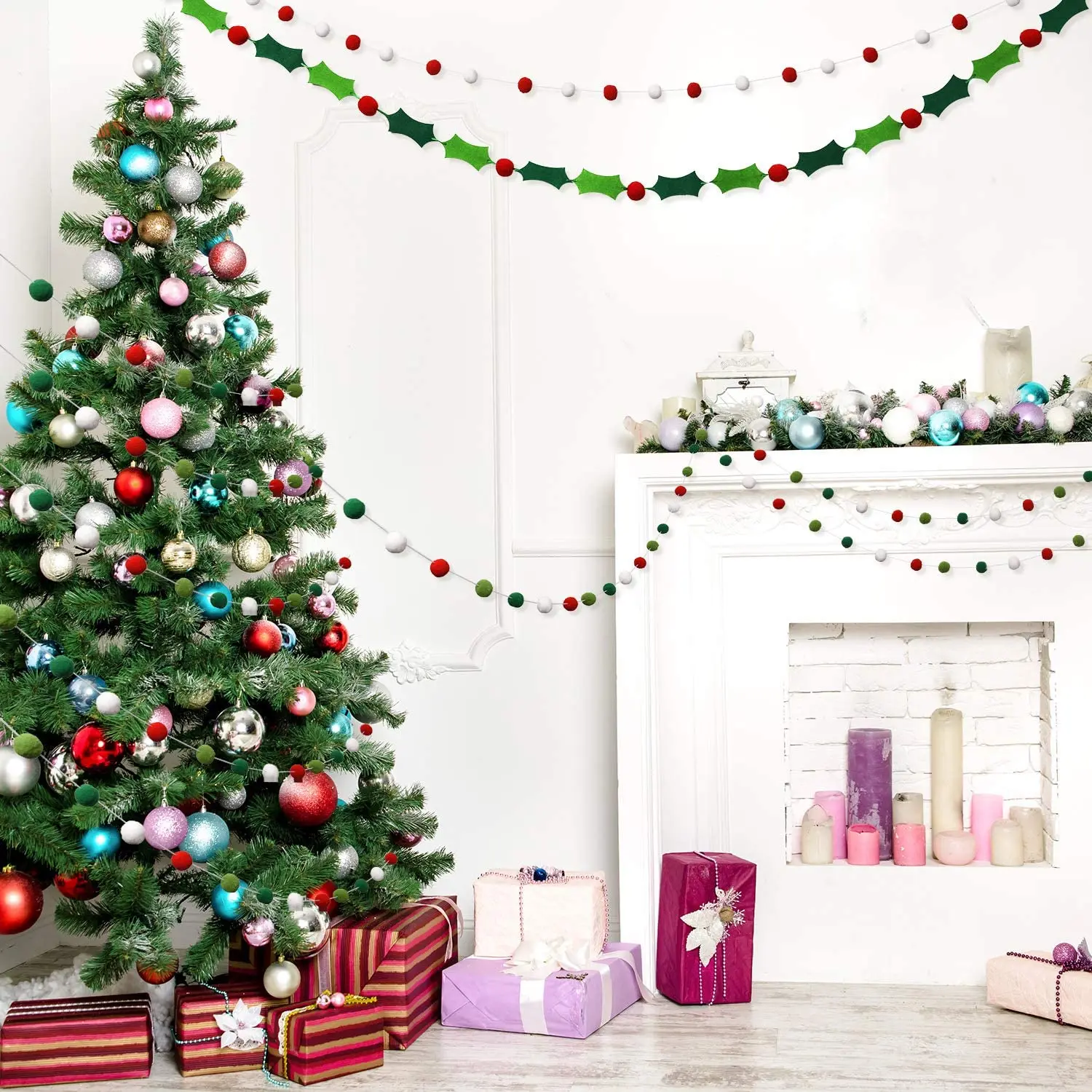 Handmade wool felt garland  white red green DIY pompom Christmas wreath tree and fireplace banner holiday decorations crafts
