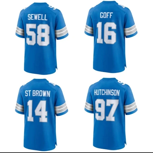 #14 коричневый #97 Aidan Hutchinson #26 Jahmyr Gibbs #16 Jared Goff Американский футбол Джерси Detroit Lions вышивка