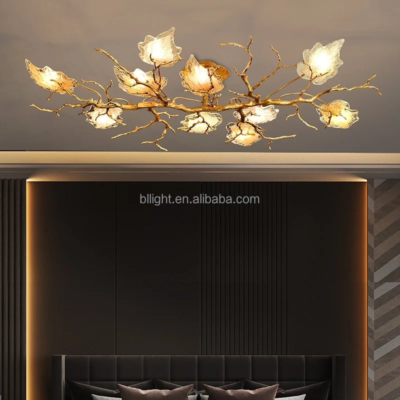 Light luxury chandelier living room lamp creative simple Brass glass maple leaf decoration bedroom dining room crystal lighting