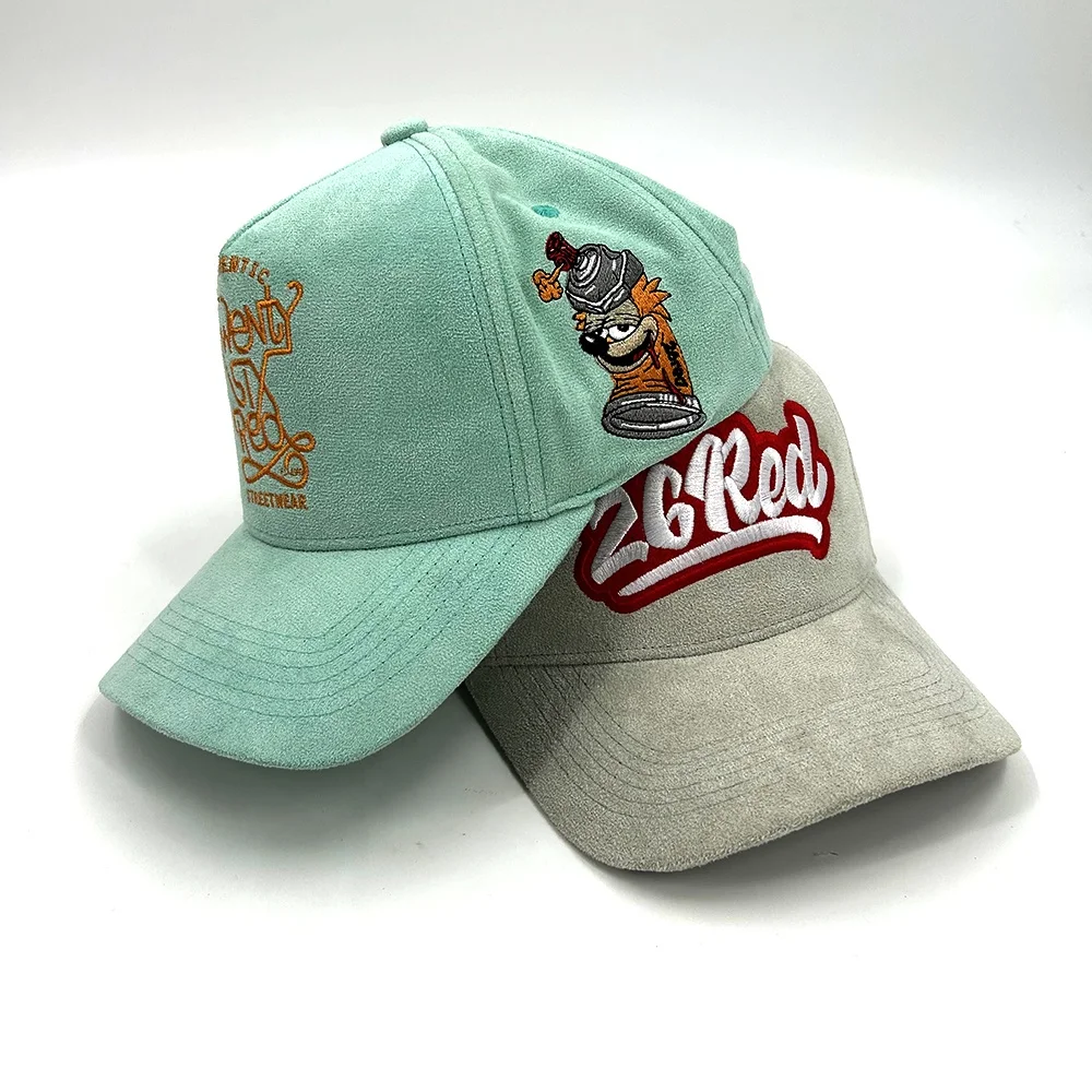 Factory wholesale custom high quality 3D embroidery 5 panels suede baseball cap/A frame structured baseball caps