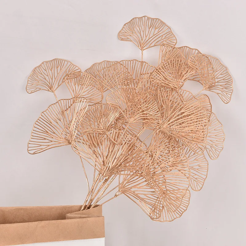 3-fork Simulation Ginkgo Leaf Fake Flower Gold Fan Wedding Artificial Flower Plants Wedding Guide Decorative Flower