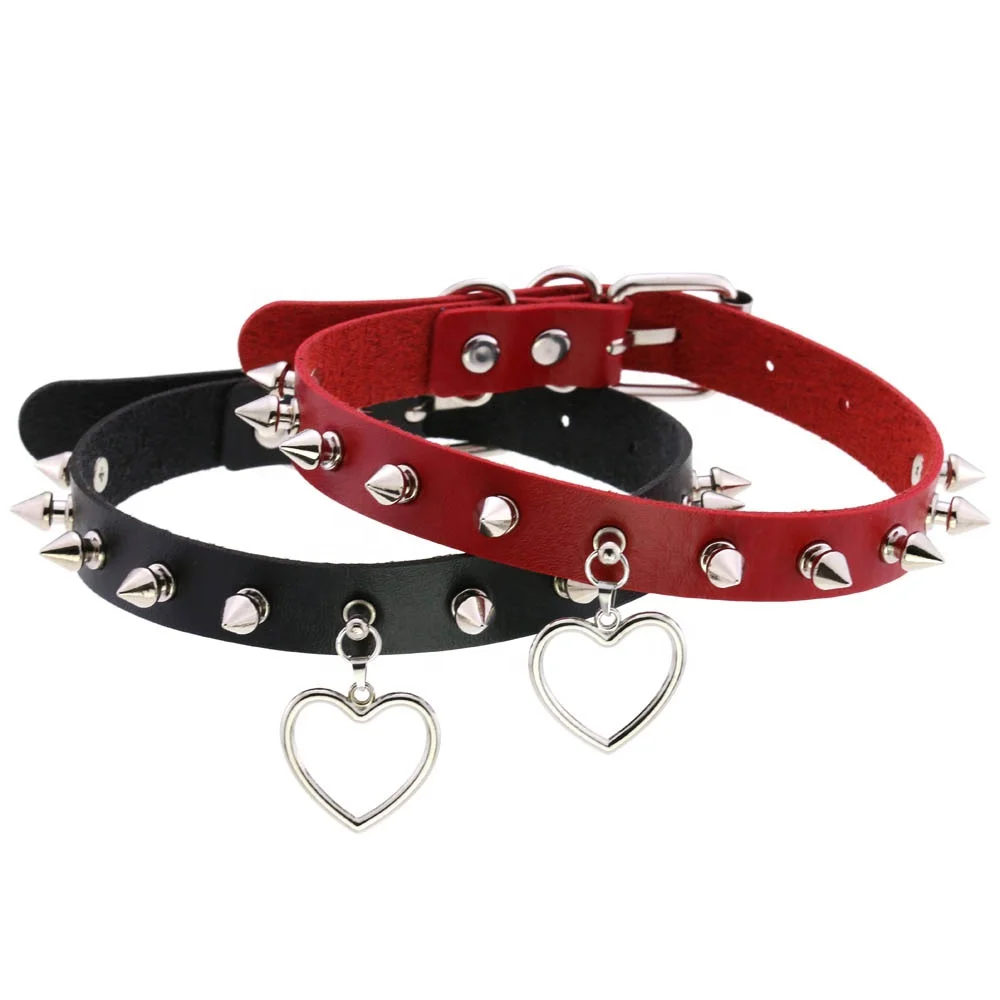 PU Leather Collar Necklace Rivet Spike Collar Peach Heart Pendant Punk Silver Plated Engagement Rings for Women Unisex Jewelry