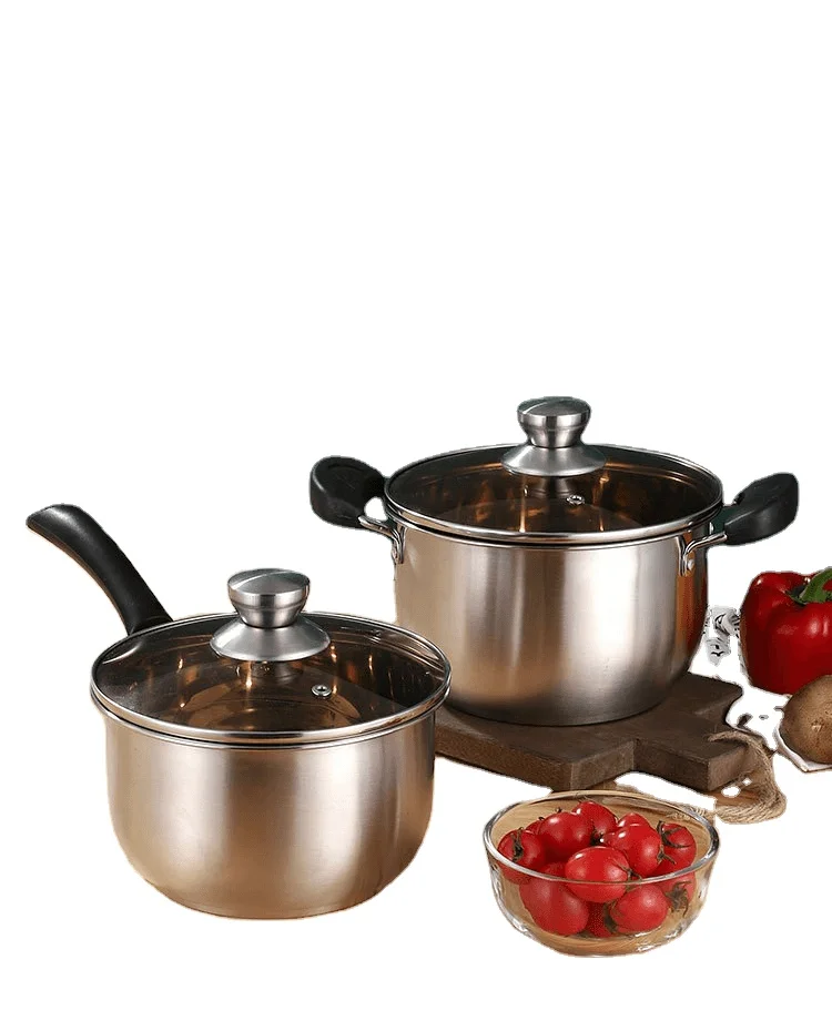 2pcs cookware set 22cm Soup Pot & 18cm Milk Pot Thickened Composite Bottom Stainless Steel Pot Set With Glasses Lid