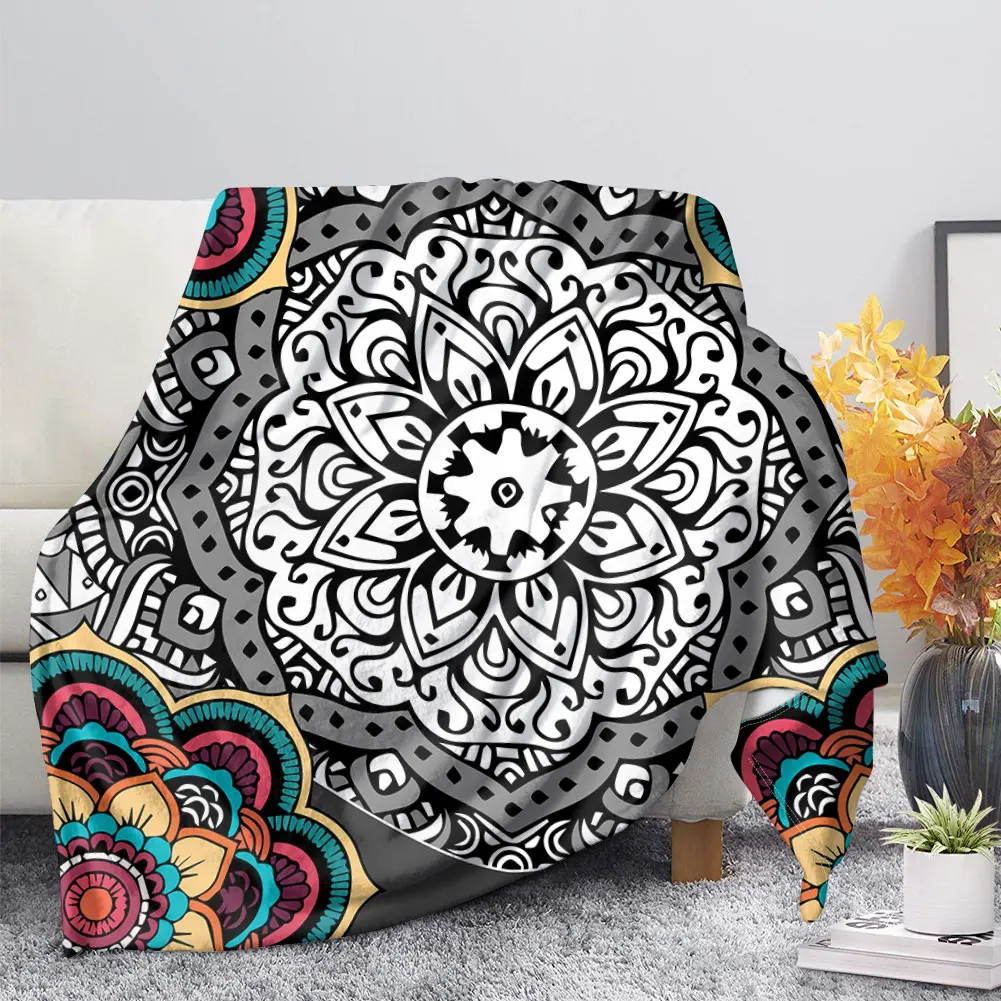 2021 New Arrivals Mandala Style Print Floral Blanket Sofa Buddhist Pattern Black Tribal Design Soft Mandala Design Blanket