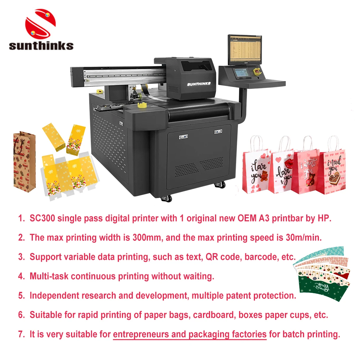 Sunthinks A3 Mini Corrugated Paper Boxes Paper Bags Printer Digital Single Pass Printing Machine
