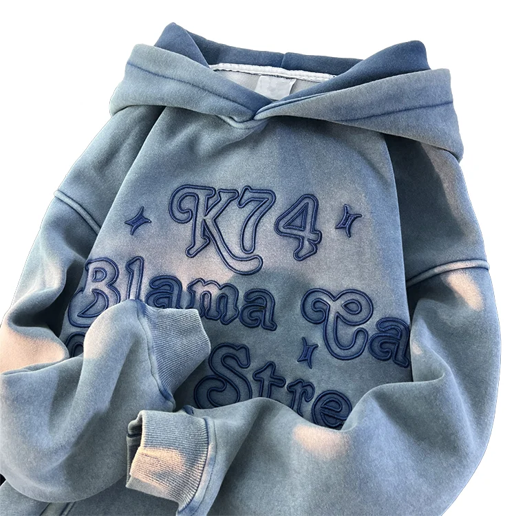 Finch Garment custom high quality acid washed hoodie men no string hoodie embroidered letter distressed hoodie