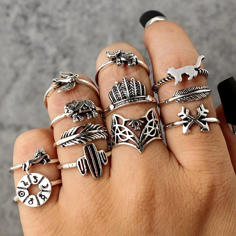 Vintage Silver Hollow Cactus Leaf Flower Crown Elephant Foxs Tiger Bird Animal Men Women Custom Charm Statement Rings