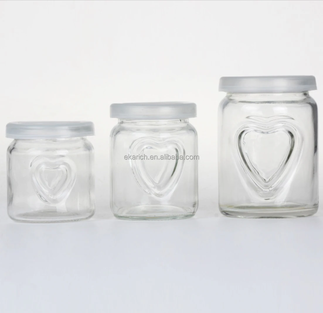 250ml Clear Glass Jelly Jar with Plastic Lid 8 oz Kitchen Food Storage Canister with Embossed Hearts Amazon Hot Sale