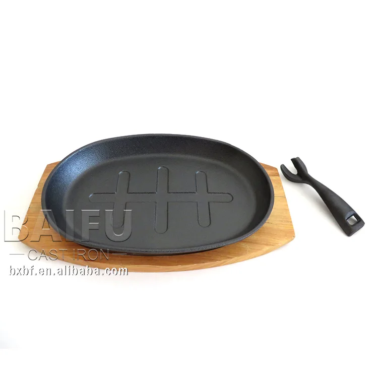 Household Use Cast Iron Steak Plate Sizzle Griddle with Wooden Base Steak Pan Grill Fajita Sever Plate