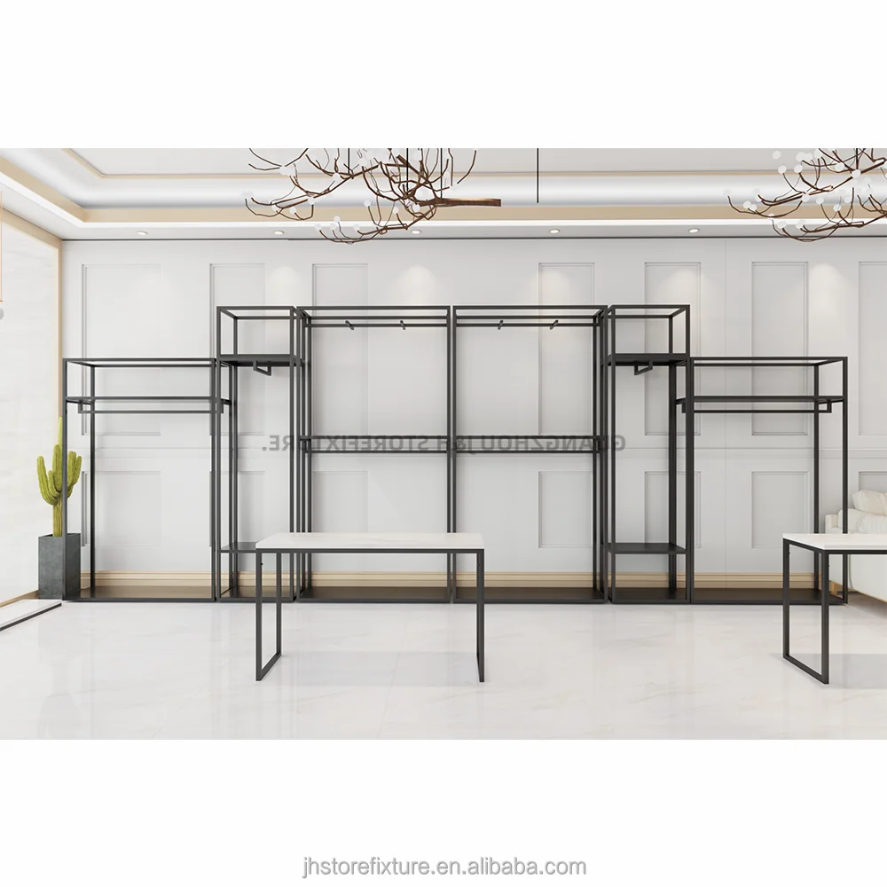 Fashion beauty store interior designed fixtures black custom women clothing display rack equipment shoes table stand