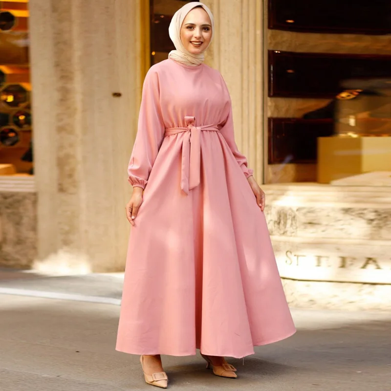 New fashion womens plus size casual elegant long sleeve loose tunic lace up muslim maxi  dress