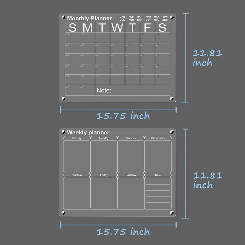 16 12inch 2 piece monthly weekly Acrylic planner calendar message writing board for fridge