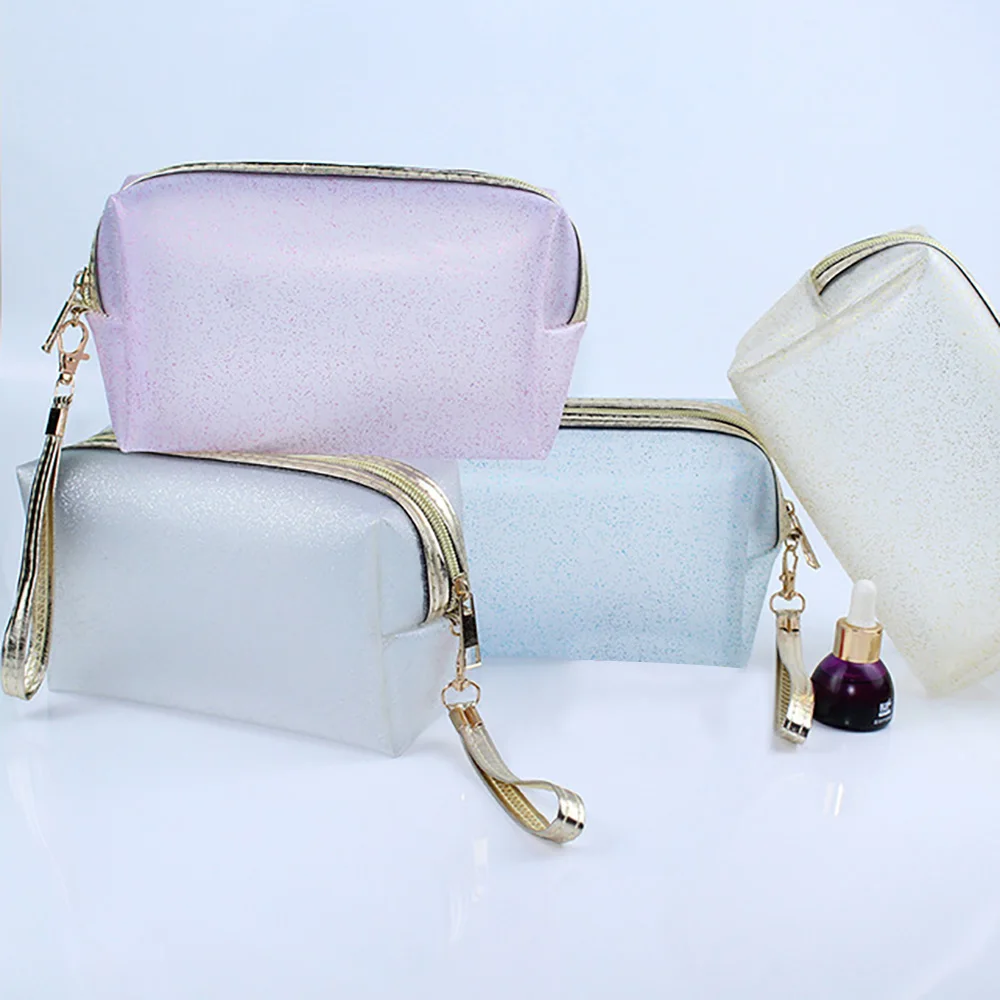 Wholesale Translucence Glitter Waterproof Makeup Cosmetic Bag with Wrist Strip Jelly Color Semi Transparent Toilet Pouch