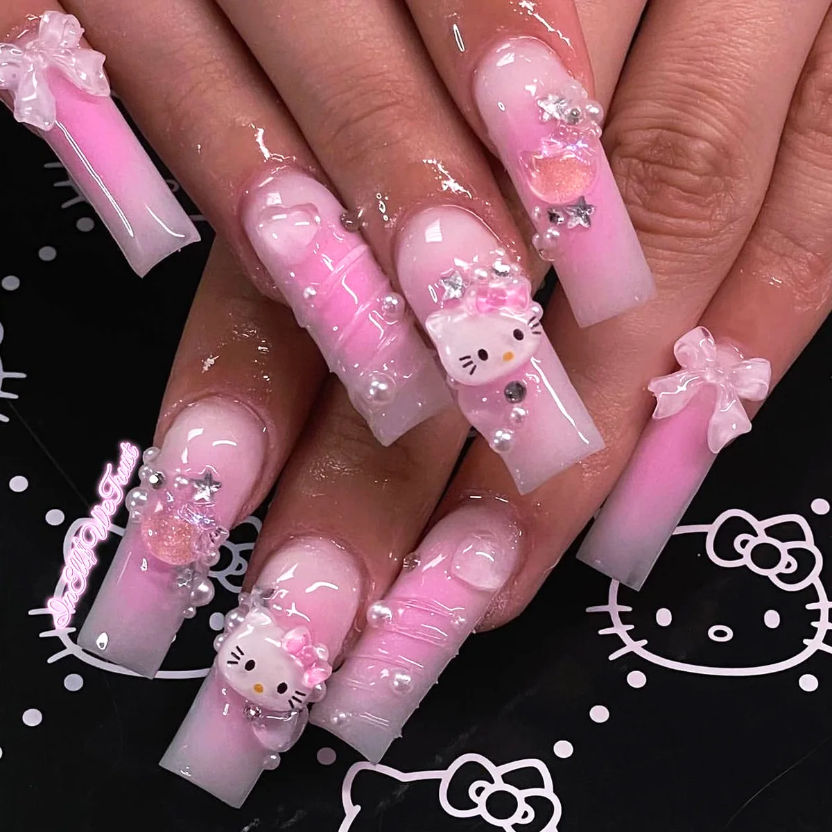 24Pieces Black Color Ballerina Coffin Square Stiletto French Designs False Nail Press On Nails With Jelly Glue
