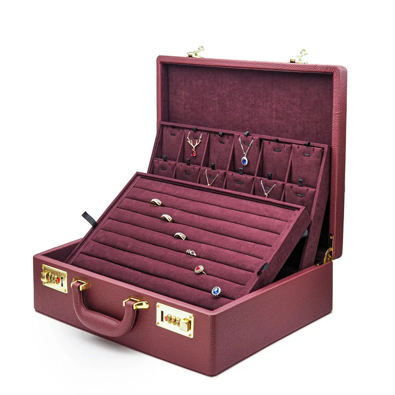 Custom Wholesale Durable Travel Coded Lock Pu Jewelry travel Case Leather Jewellery Storage Suitcase With Tray