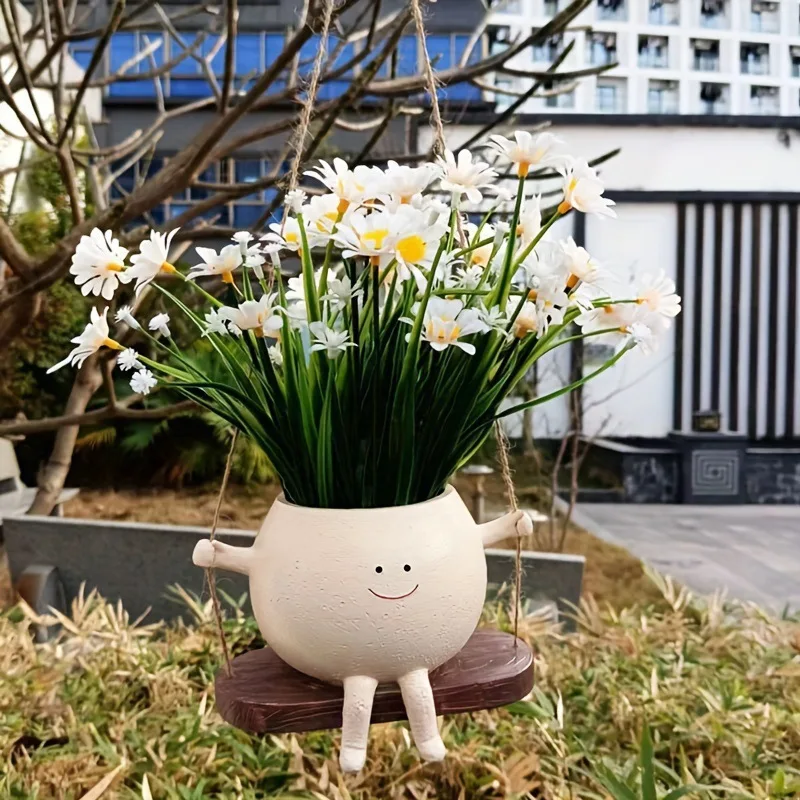 Pop cute smiley face swing flower pot decoration personality cartoon vase resin decoration succulent Hanging flower pot