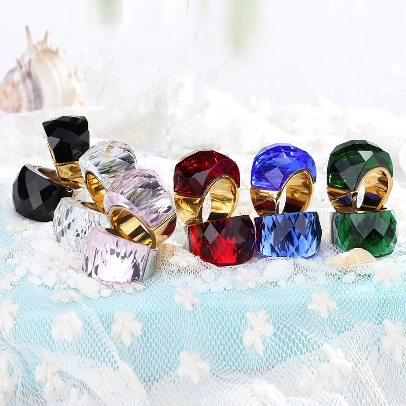 PVD 18K Gold Stainless Steel Statement Ring with Colorful Faceted Crystal for Women | Hypoallergenic, Waterproof & Anti Fade