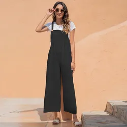 2022 new arrival summer ladies vintage cami jumpsuit female solid suspender long straight leg pants women casual loose jumpsuits
