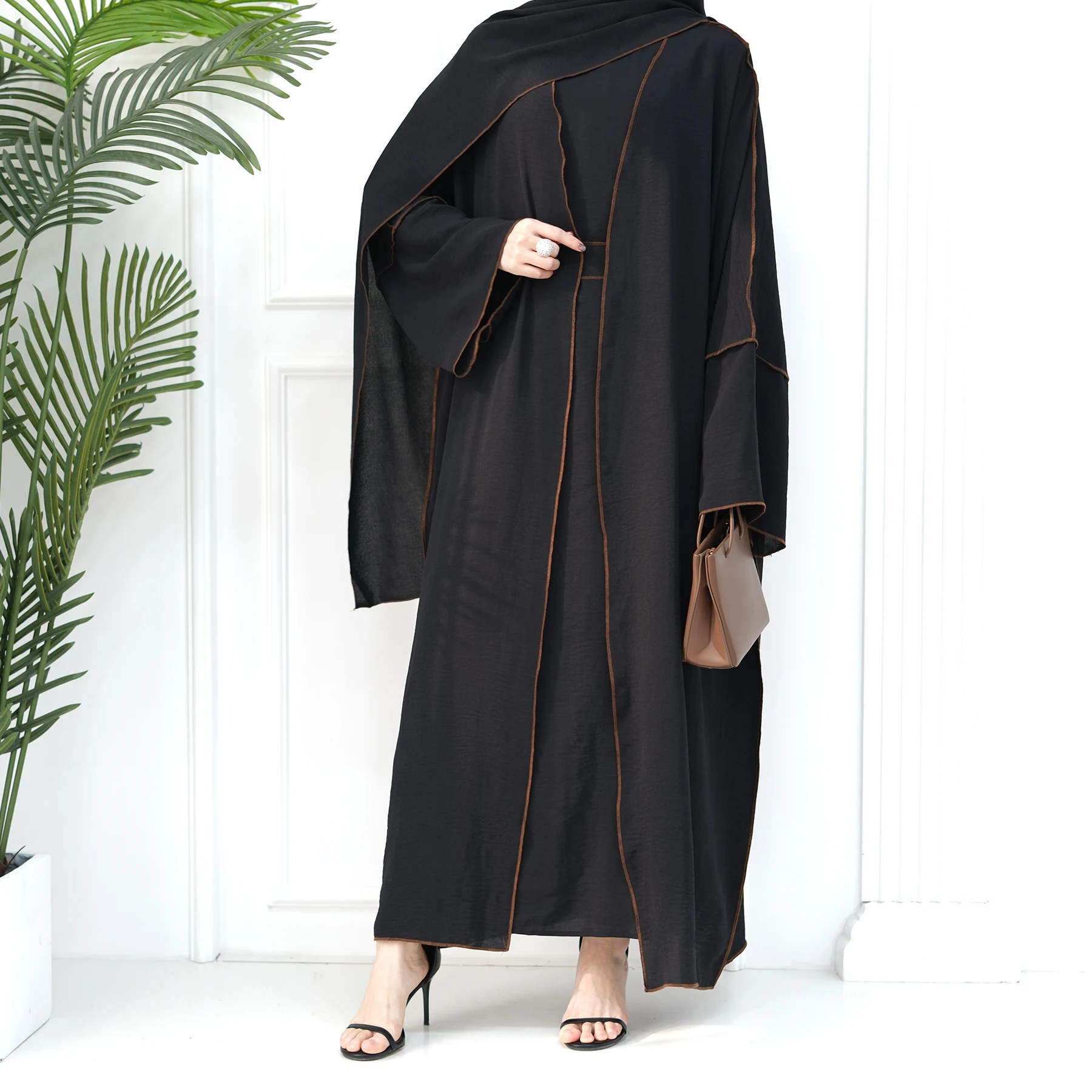 2024 Ramadan 2pcs Open Abaya Dress Set Dubai Crepe Kaftan Robe Matching Sleeveless Dress Muslim Kimonos Ladies Cardigan Dresses
