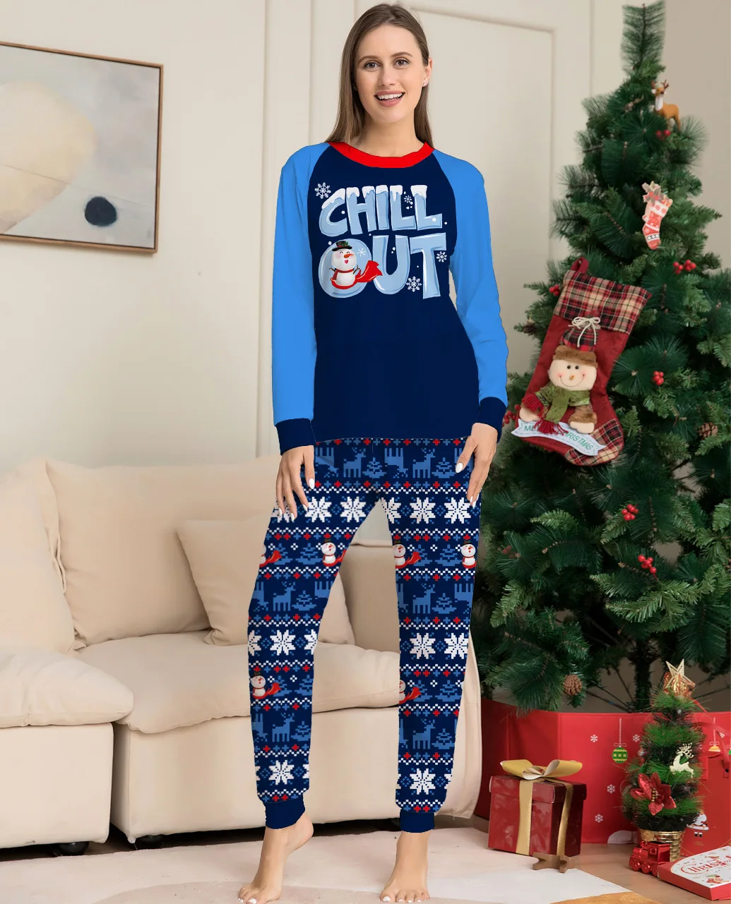 2024 new letter snowflake printing Christmas parent-child suit pajamas long sleeve home clothes
