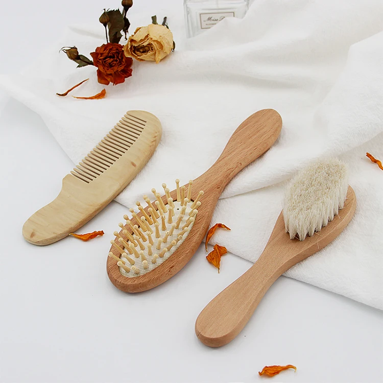 Baby Hair Brush and Comb Set Custom 3Pcs Eco-friendly Wooden Baby Hair Brush and Comb Set