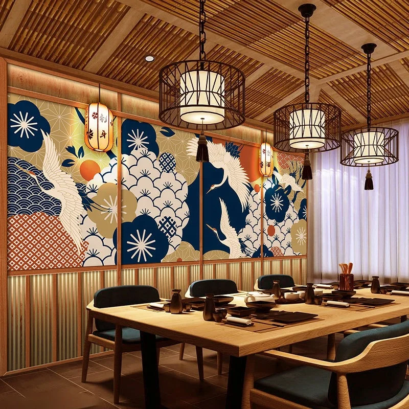 Japan crane wallpaper Japanese izakaya log style decoration ramen sushi Japanese material shop wallpaper