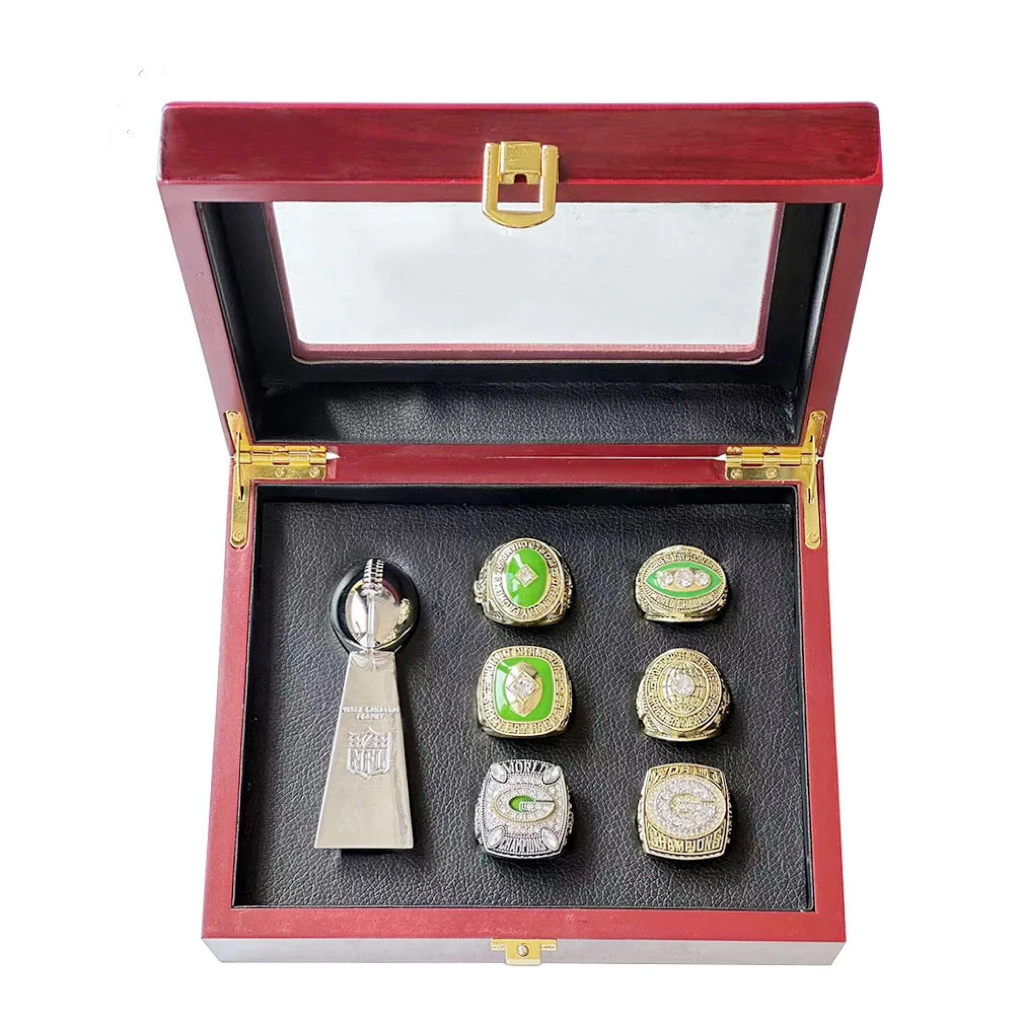 Green Bay Packers Nfl Rugby Football Championship Ring Set With Trophy Wooden Display Box