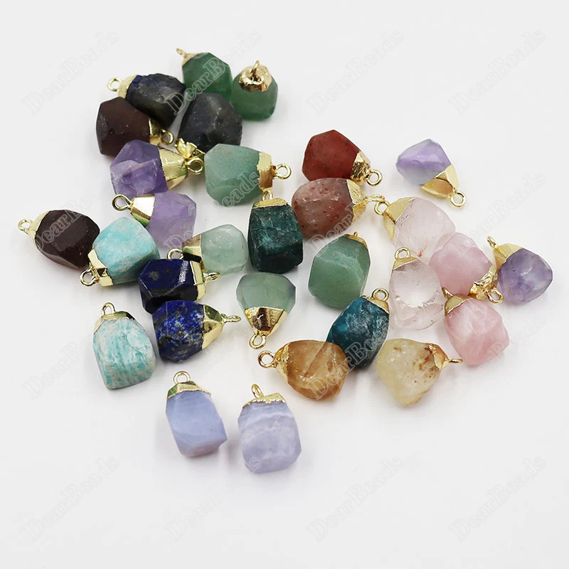 High Quality Faceted Nuggets Tube Raw Rough Gemstone Plated Golden Alloy Beads Pendants For Earring 20mm