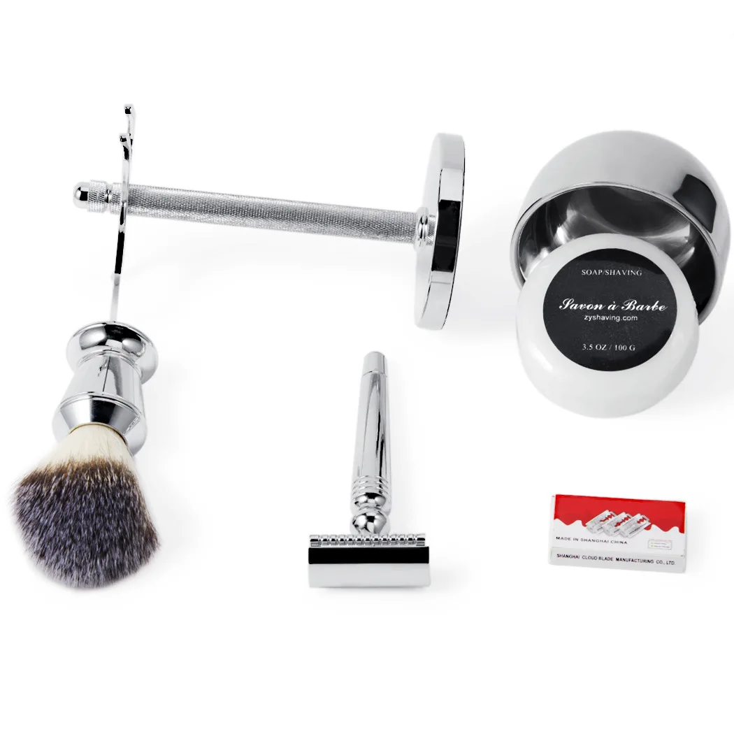 6 in 1 Double-Edge manual Safety Razor with steel Stand zinc alloy handle badger shaving brush,shaving soap, bowl,razor blades