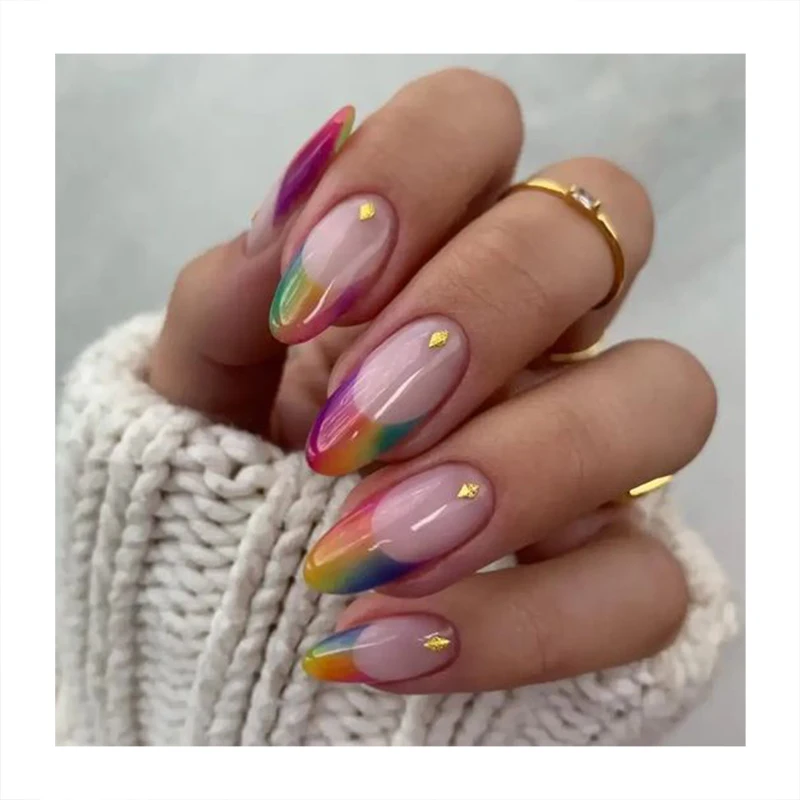 New Arrival Gradient Press On Nails Tips Pink Rainbow Stiletto Shinny Soft Gel Nails Tips Custom Logo Waterproof Fake Nails
