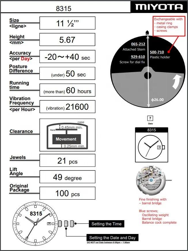 Bulk Purchase Discounts Available for Miyota  8315 Mechanical Watch Movements