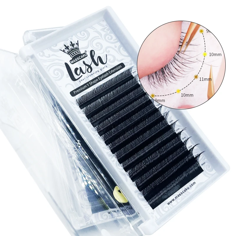 MASSCAKU sell c/d curl 100% handmade Y-shape premium matte black fluffy mink individual eyelash extension supplies