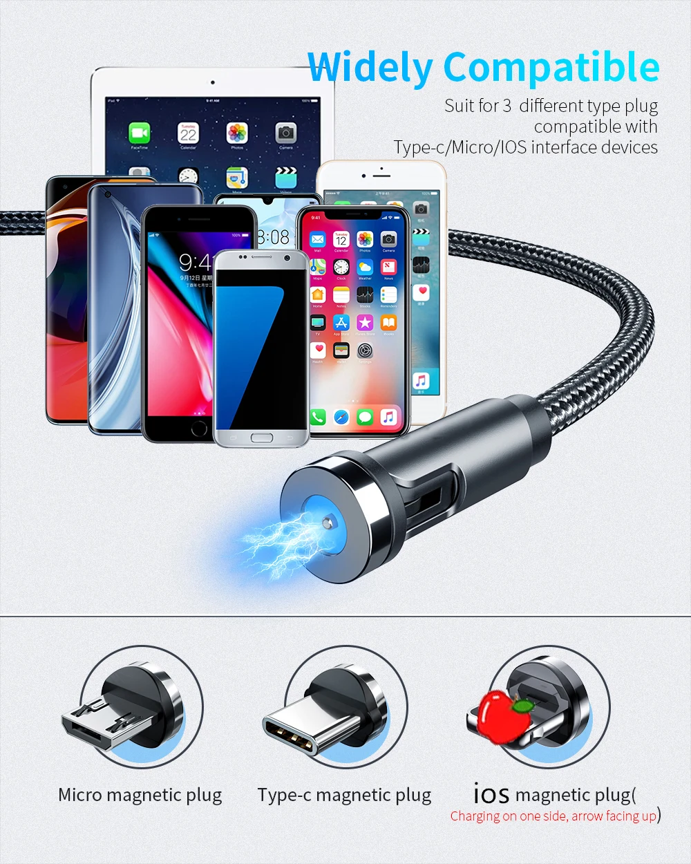 High Quality Nylon 360 540 Degree 3 in 1 Magnetic Multifunction Phone Micro usb Data Charger Cables Type-c 1m 2m Wholesale