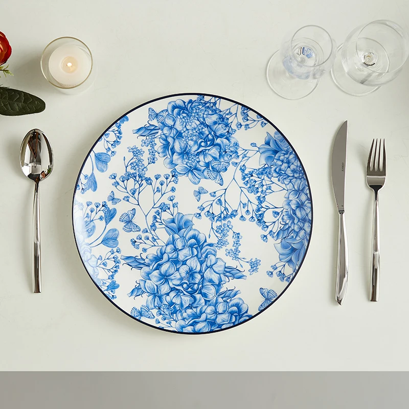 Синий дизайн, керамические обеденные тарелки, домашняя посуда, фарфоровые наборы тарелок
