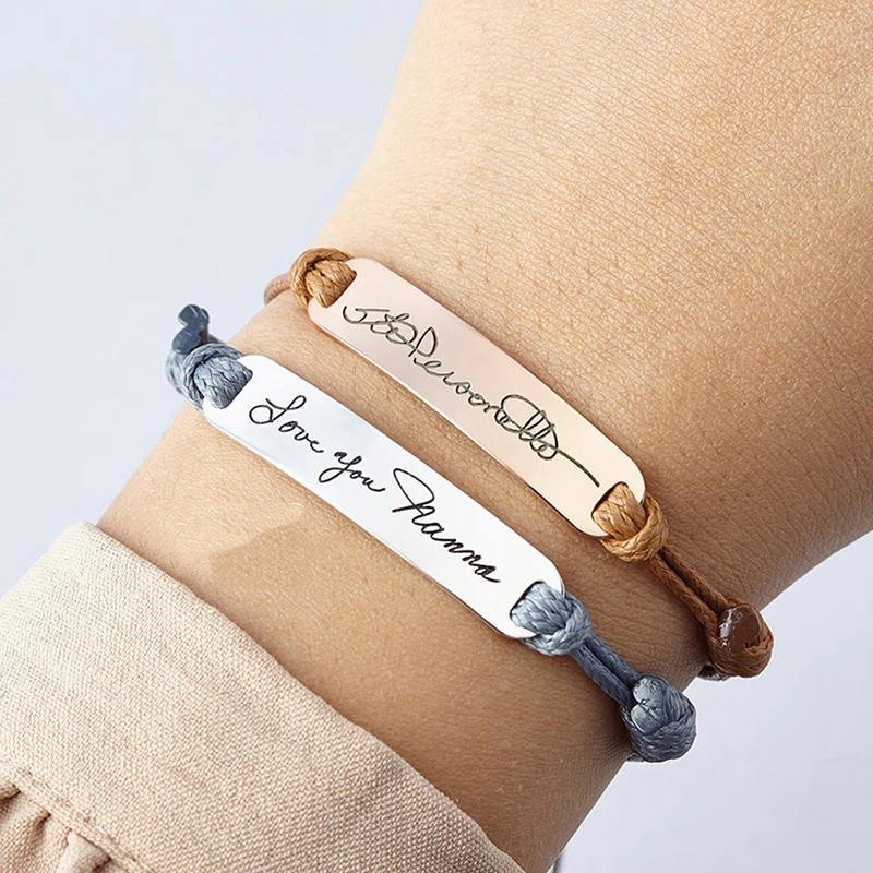 Personalized hypoallergenic custom name stamped engraved bracelet adjustable string slide screw bracelet wax cord bracelet