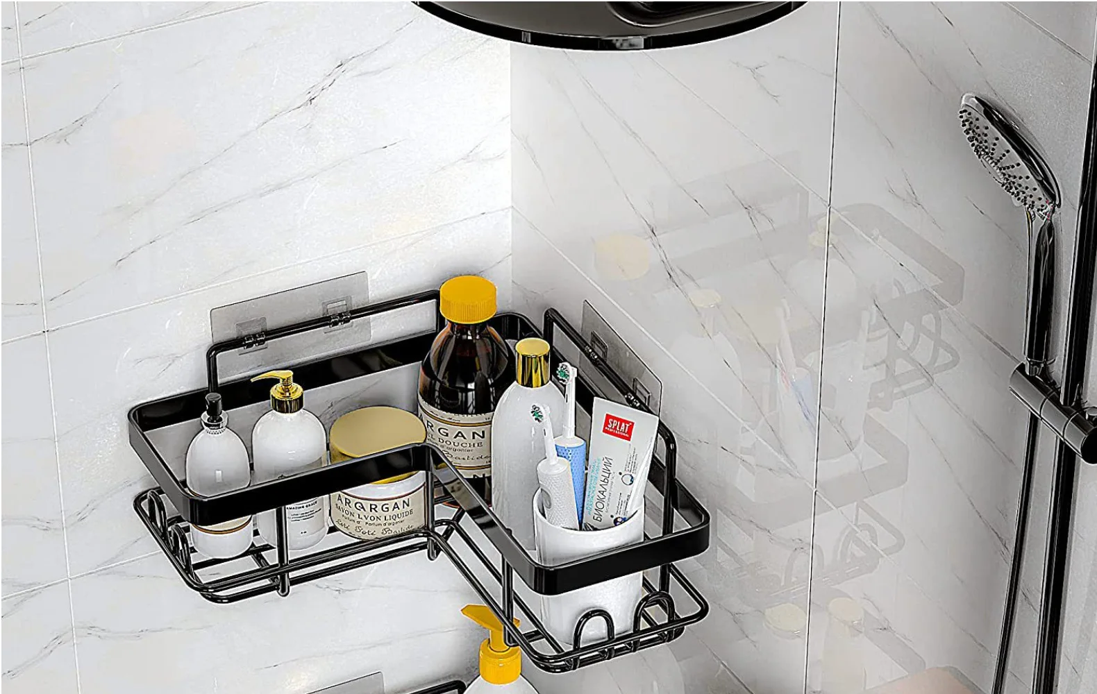 No-Drilling Wall Mounted Bathroom Stainless Steel Shelf Organizer with Two Hooks Bathroom Shower Caddy