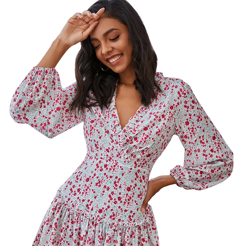 Женские летние платья 2022, сексуальное пляжное платье Бохо С V-образным вырезом и цветочным принтом, ТРАПЕЦИЕВИДНОЕ мини-платье с коротким рукавом и оборками, сарафан с запахом, Халат