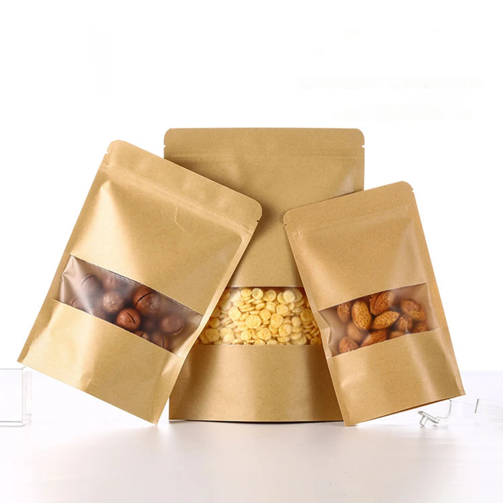 Stock Resealable Smell Proof Kraft Paper Bags with Logo for Food Sealed Embalagem Standup Pouch Zipper Kraft Bags with Window