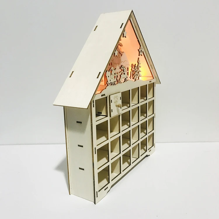 2025 New Trend 24 Drawers Christmas Advent Calendar Led Light wooden laser cut Count Advent Calendar with Tree House Village