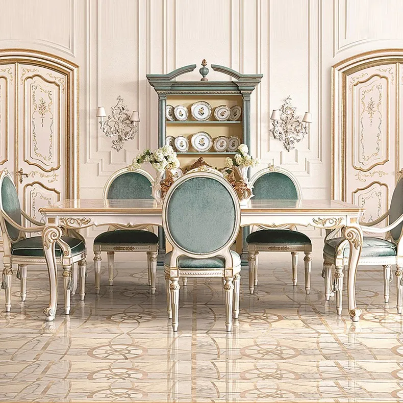 Luxury European marble top dining table and solid wood chair set 10 seater of dining room furniture