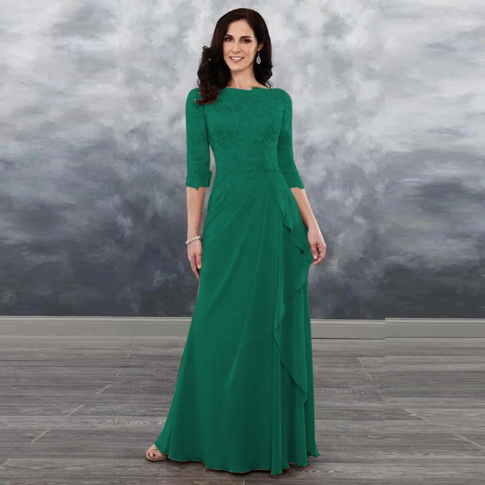 Pleated Lady Wedding Party Dress Three Quarter Sleeve Lace Chiffon Mother Of The Bride Dress