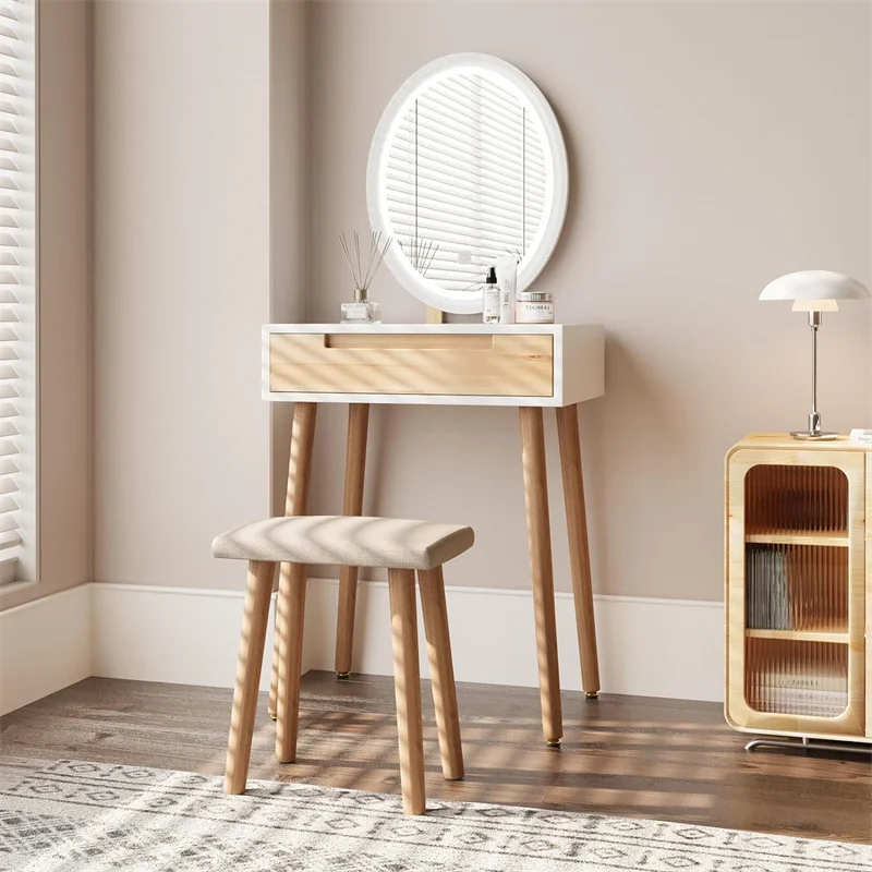 Dressing table with 3 Adjustable Lighted Mirror and Chair, 24 Inch Dressing table with Big Drawer Wooden Frame for Small Space